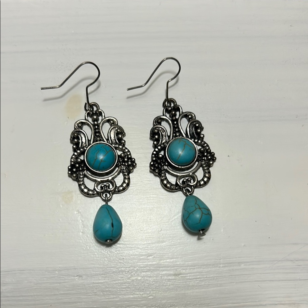 Blue and Silver Filigree Earrings with Turquoise Accents